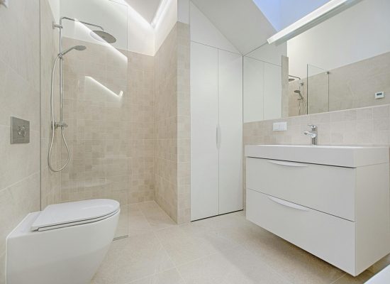 Bright and luxurious bathroom with contemporary fixtures and sleek design.